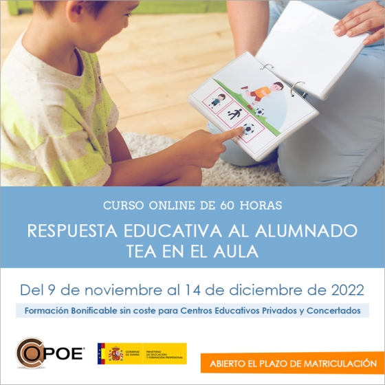 Curso online de COPOE &quot;Respuesta educativa al alumnado TEA en el aula”, del 9 de noviembre al 14 de diciembre de 2022